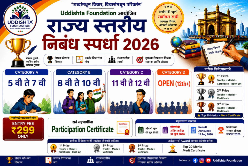 राज्य स्तरीय निबंध स्पर्धा 2026 | State Level Essay Competition 2026 uddishata foundatin rajya stariy nibandh spardha